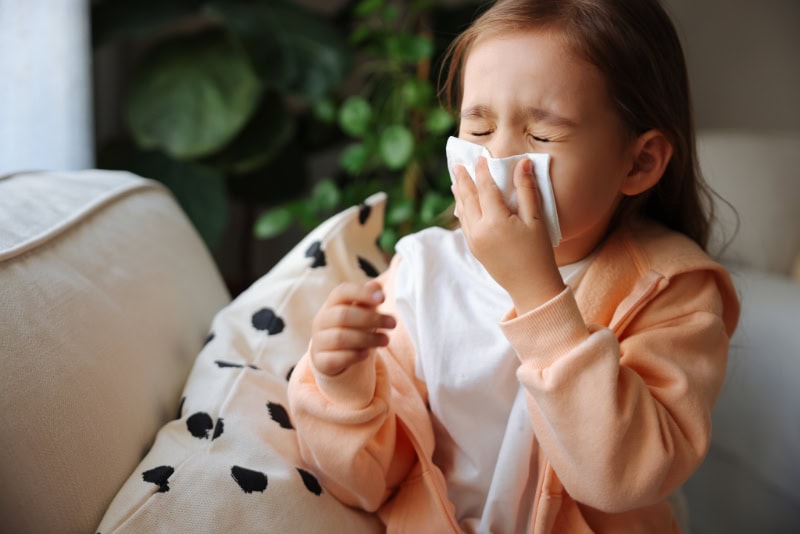 Sick little girl coughs and blows nose wiping with white paper napkin.