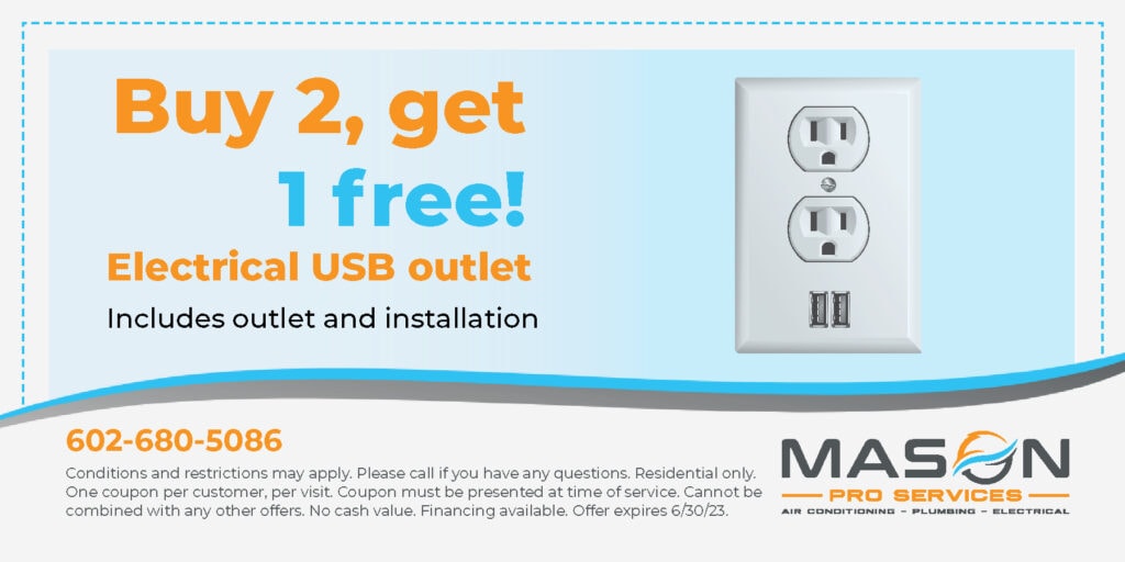 Buy two get one free, electrical USB outlet coupon. Expires 6/30/23.