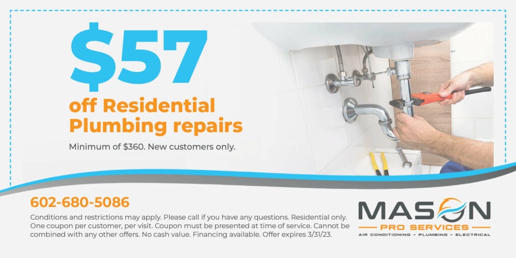 $57 off residential plumbing repairs coupon. Expires 3/31/23.