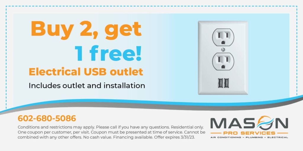 Buy two get one free, electrical USB outlet coupon. Expires 3/31/23.