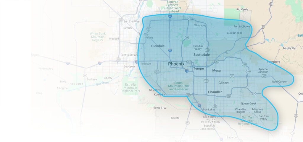 Service area for Mason Pro Services, covering Sun City, Fort McDowell, Gold Canyon, San Tan Valley, Sun Lakes, St. Johns, Tolleson, and the Greater Phoenix area.